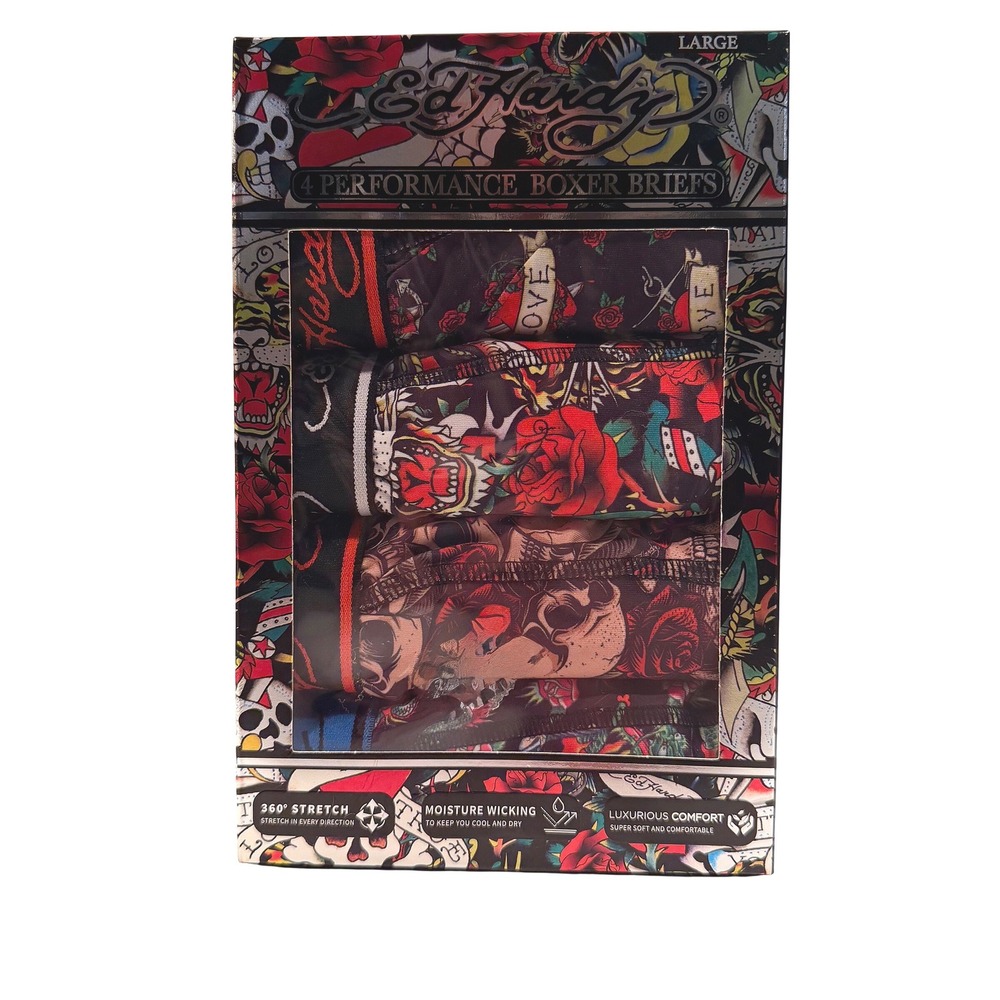 Ed Hardy Performance Boxer Briefs 4 Pack (LG 36-38) Stretch Skulls Roses Tattoo